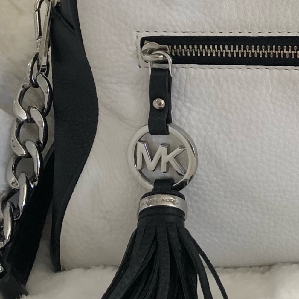 Michael Kors Black White Pebbled Leather Medium Knox Tassel Satchel. - Picture 14 of 15